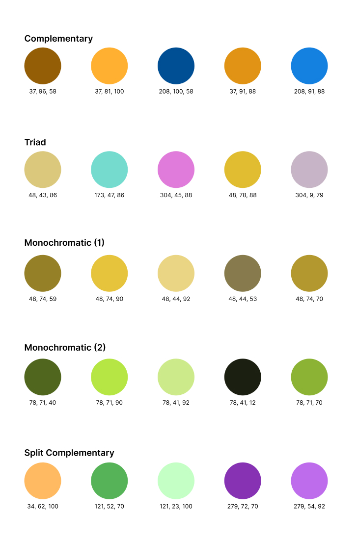Five possible color schemes, each with five colors